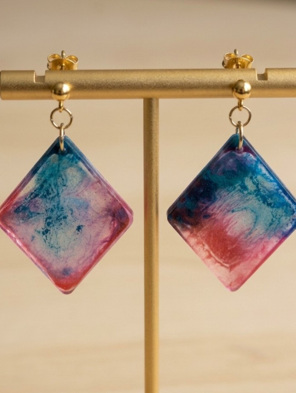 Shimmering Pink & Teal Diamond Resin Dangle Earrings | Hypoallergenic